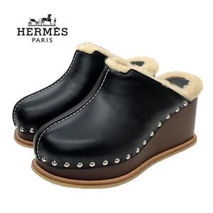 Unused Hermes Earth Sandals Shoes Leather Shearling Wood Black Sabot Mule Studs